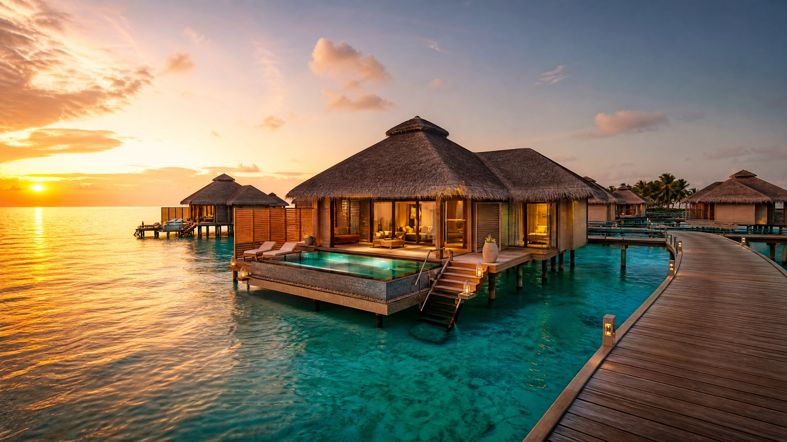 Overwater bungalows at sunset in the Maldives