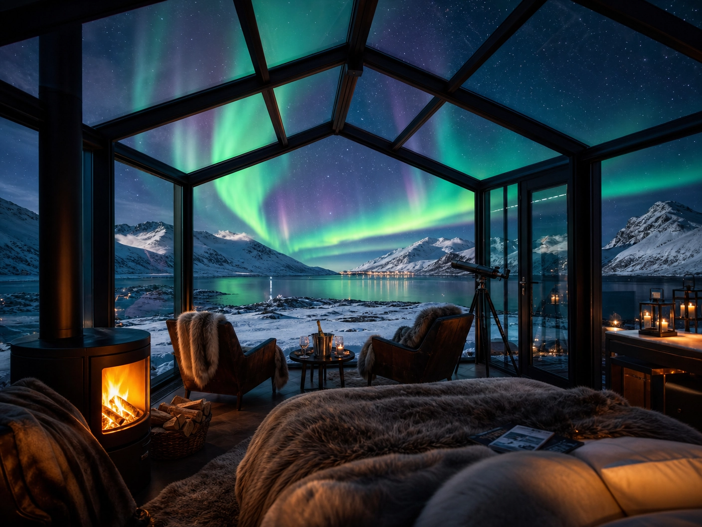 Northern Lights aurora borealis from glass cabin in Scandinavia